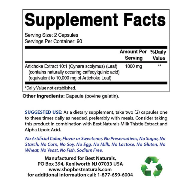 2 Pack Best Naturals Artichoke Extract 500 Mg 180 Capsules | Standardized to Contain 5% Total Caffeoylquinic Acids