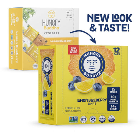 HUNGRY BUDDHA Bars - Plant Based Protein Bars - Vegan Nutrition Bars - Low Sugar Healthy Snacks - Gluten Free Snack Bars - Peanut Free - Protein Bar - Keto Bar - 12 Count - [Lemon Blueberry]