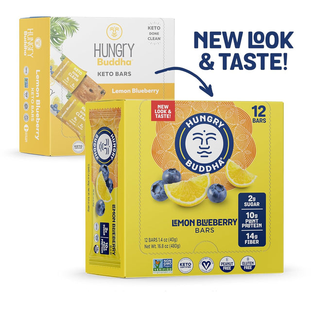 HUNGRY BUDDHA Bars - Plant Based Protein Bars - Vegan Nutrition Bars - Low Sugar Healthy Snacks - Gluten Free Snack Bars - Peanut Free - Protein Bar - Keto Bar - 12 Count - [Lemon Blueberry]