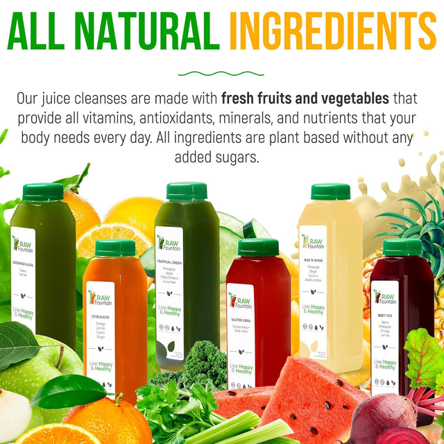 5 Day Juice Cleanse by Raw Fountain, Tropical Flavors, All Natural Raw, Cold Pressed Fruit and Vegetable Juices, Detox Cleanse, 30 Bottles 12Oz, 5 Bonus Ginger Shots