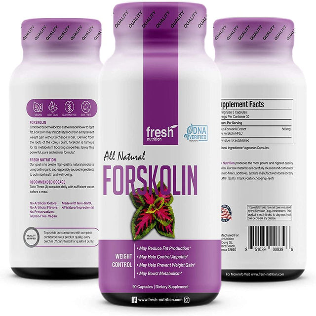 Fresh Nutrition Forskolin Supplement - Strongest DNA Verified - Belly Fat Burner 90 Caps