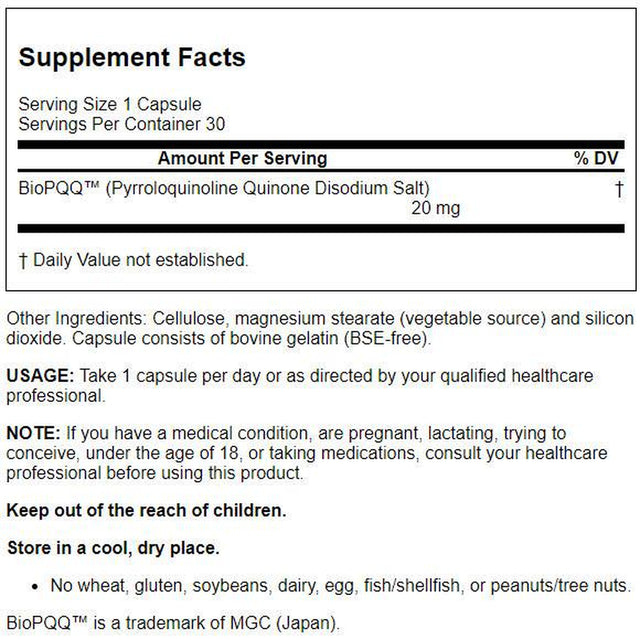 Jarrow Formulas PQQ, 20 Mg, 30 Capsules