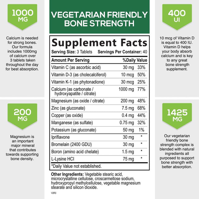 Bone Supplement with 1000 Mg Calcium, Magnesium, Boron, Zinc, Vitamin D3 and K - Dietary Supplements for Bone Strength with Calcium Citrate and MCHA - Non-Gmo, Gluten and Soy Free - 120 Capsules