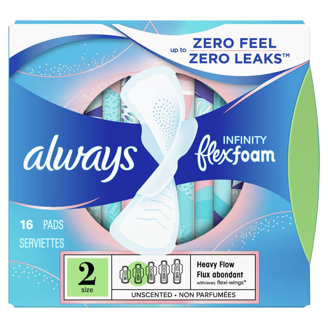 Always Infinity Feminine Pads with Wings, Size 2, Heavy Absorbency, Unscented, 16 Ct
