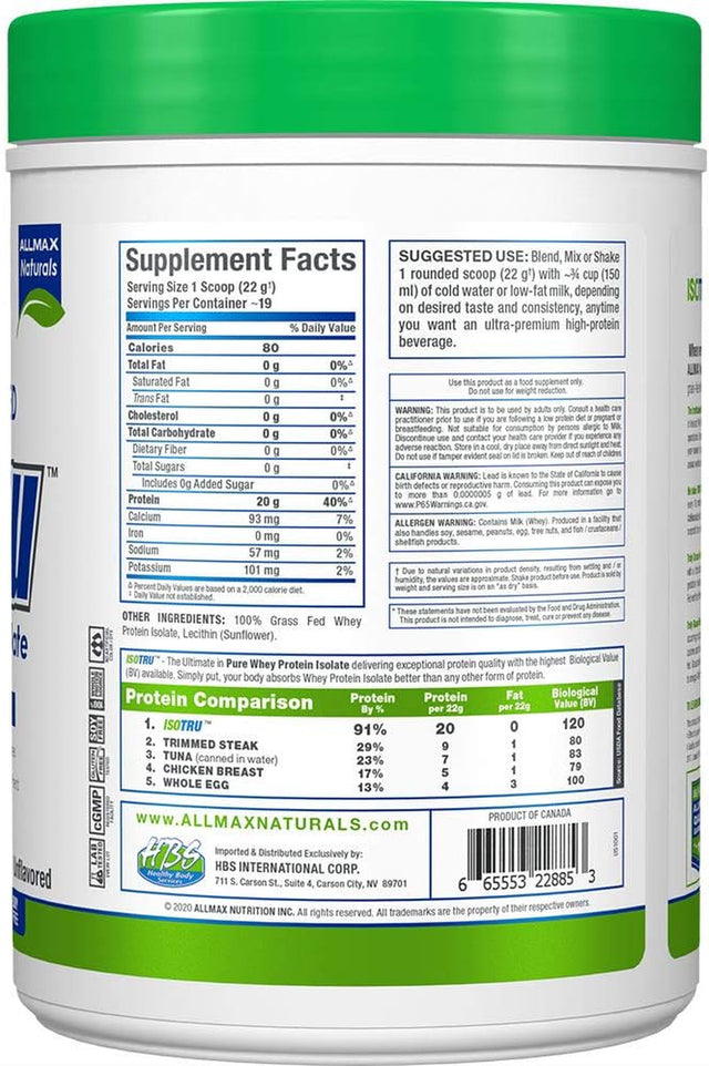 ALLMAX Nutrition ISO Tru – 100% Grass Fed Whey Protein Isolate - Unflavored - 425 Gram