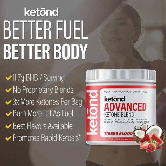 Ketond Exogenous Ketones Advanced Blend Drink Ketones for Rapid Weight Loss - Best Fuel for Energy, Mental Performance and Weight Loss - Tigers Blood (15 Servings)