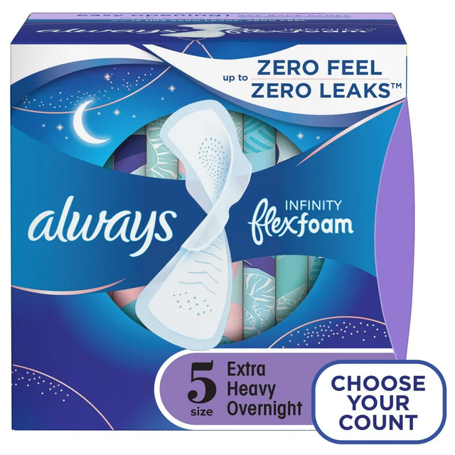 Always Infinity Feminine Pads with Wings, Size 5, Extra Heavy Overnight Absorbency, Unscented, 30 Ct