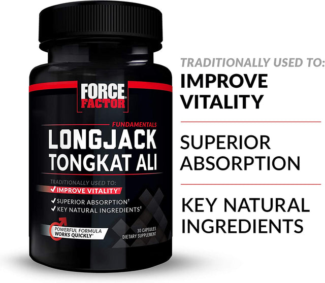 FORCE FACTOR Longjack Tongkat Ali 500Mg for Men, Longjack Extract to Support Male Vitality and Improve Drive, Longjack Capsules with Bioperine Black Pepper Extract, 30 Capsules