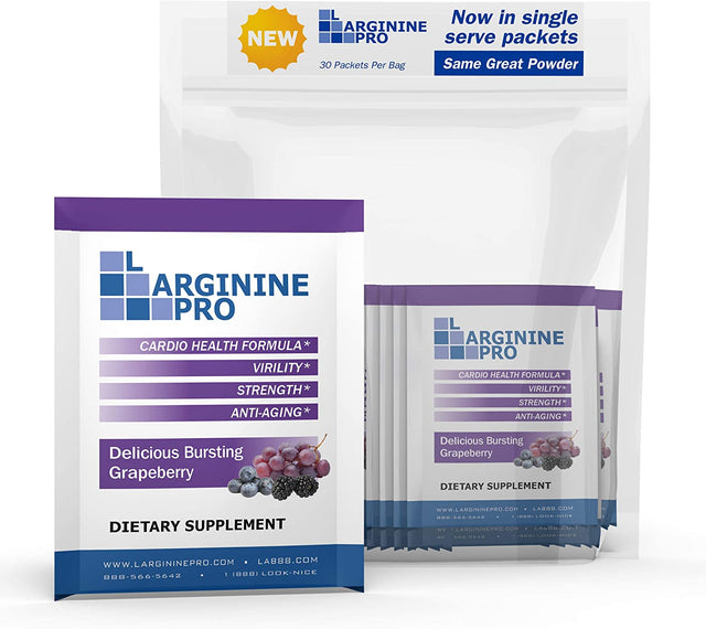 L-ARGININE PRO Supplement On-The-Go Single Serve Travel Packets - 5,500Mg of L-Arginine plus 1,100Mg L-Citrulline (Grape Berry, 30 Packets)