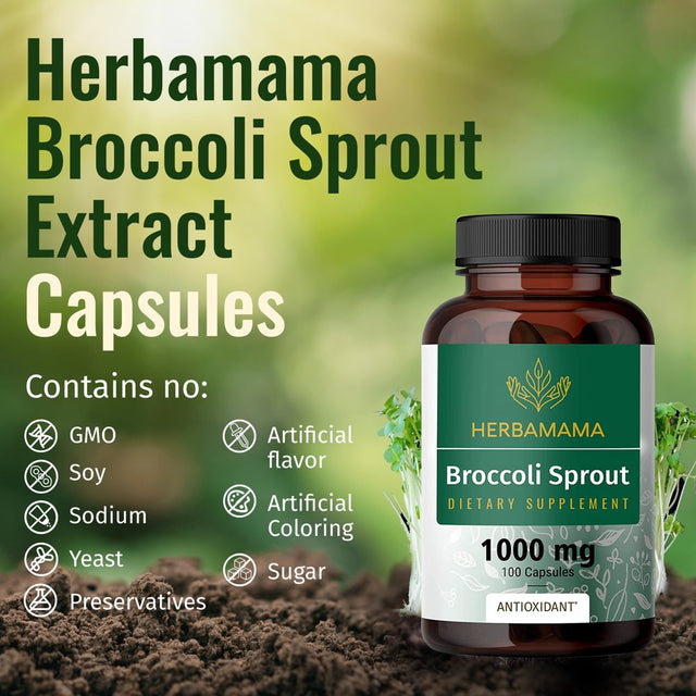 HERBAMAMA Broccoli Sprout Extract Capsules - Sulforaphane Supplement, 100 Veggie Caps