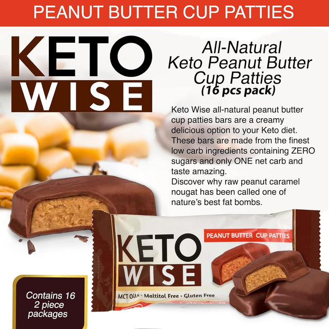 Keto Wise Fat Bombs - Made with Chocolate Containing MCT Oil - Low Fat, Low Carb and Keto Friendly Snack - 10G Fat, 1G Net Carbs | Peanut Butter Cup Patties, 16 Count (Pack of 1)