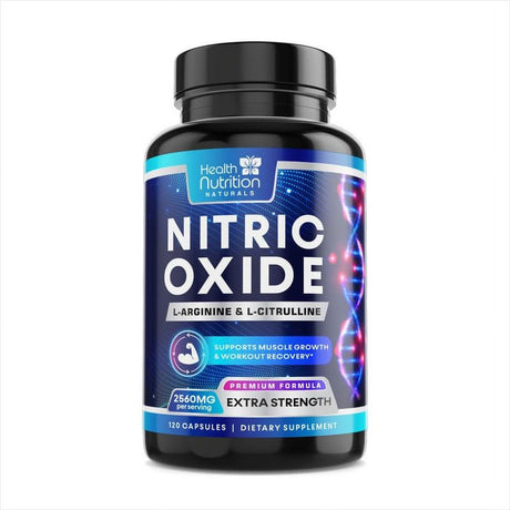 Health Nutrition Naturals Extra Strength Nitric Oxide Supplement L Arginine 3X - Citrulline Malate, AAKG, Beta Alanine Premium Muscle Building Booster for & Energy to Train Harder 120 Capsules Count