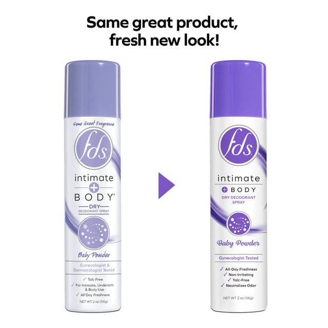 FDS Intimate + Body Dry Feminine Deodorant Spray, Baby Powder, 3 Pack