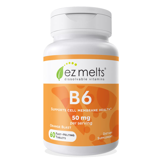 EZ Melts Vitamin B6 Supports Cell Membrane Health, 500 Mg 60 Tablets, Orange Flavored, Vegan Dietary Supplements, Dissolvable and Fast Melting