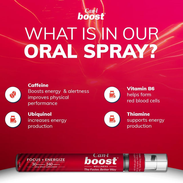 Focus + Energy Fast Absorption Oral Spray | Sublingual | Vitamin B12 Supplement + B6 + Caffeine | Metabolism & Energy Booster | Adult | 240 Sprays (30 Servings) | Can-I Boost by Can I Wellness