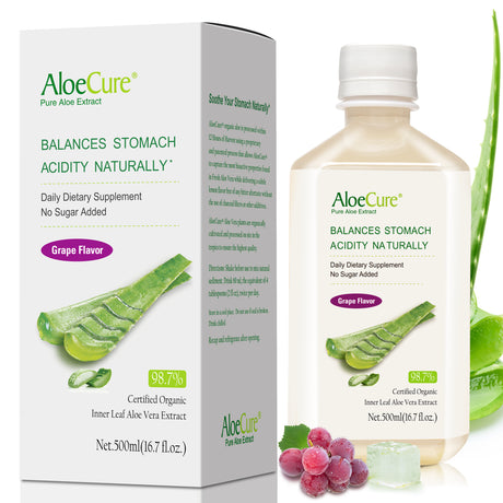 Aloecure USDA Organic Aloe Vera Juice Grape Flavor, Made within 12 Hours of Harvest - Pure Aloe Vera Drink Natural Treatment for Acid Reflux, GERD, Natural Acid Buffer, Aloe Vera Inner Fillet Juice