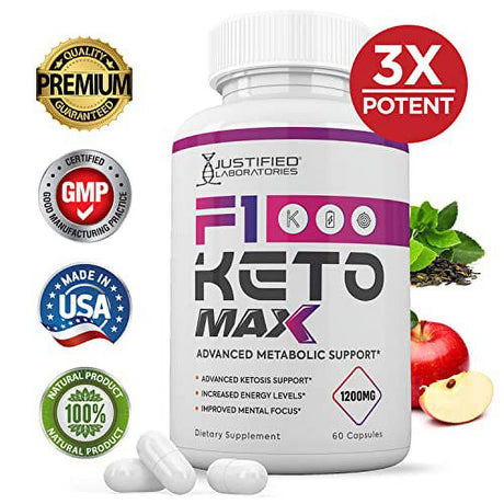 F1 Keto Max 1200MG Pills Includes Apple Cider Vinegar Gobhb Strong Exogenous Ketones Advanced Ketogenic Supplement Ketosis Support for Men Women 60 Capsules