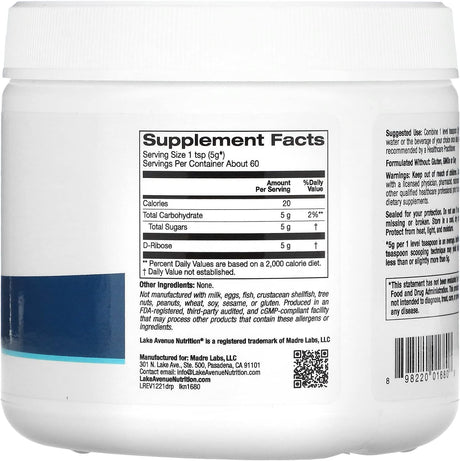 Lake Avenue D-Ribose Powder, Unflavored, 10.6 Oz (300 G), Nutrition