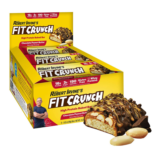 FITCRUNCH Snack Size Protein Bars, Designed by Robert Irvine, 6-Layer Baked Bar, 3G of Sugar, Gluten Free & Soft Cake Core (9 Bars, Chocolate Peanut Butter)