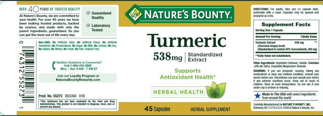 Natures Bounty Turmeric 538 Mg Standardized Extract, 45 Count