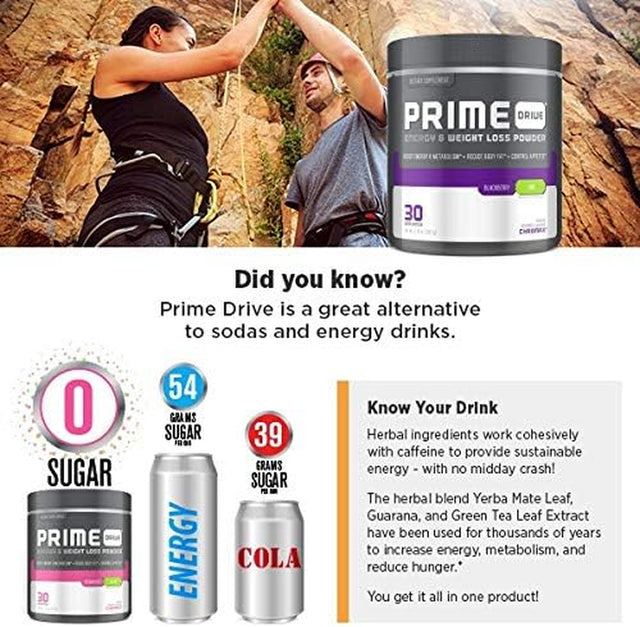 Prime Drive Energy Raspberry Tea Pre Workout Energy Drink Powder, Provides Extreme Energy, Focus and Intensity, Boosts Metabolism 10.2Oz (30 Servings)