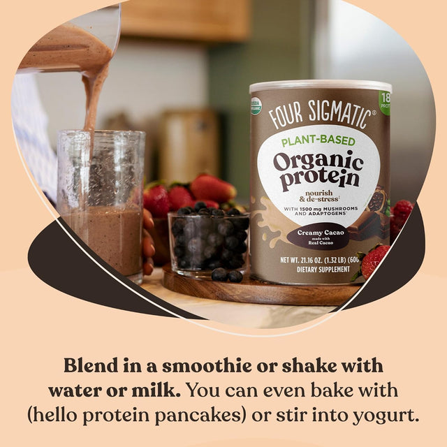 Four Sigmatic Organic Plant-Based Protein Powder Creamy Cacao Protein with Lion’S Mane, Chaga, Cordyceps and More | Clean Vegan Protein Elevated for Brain Function and Immune Support | 21.16 Oz