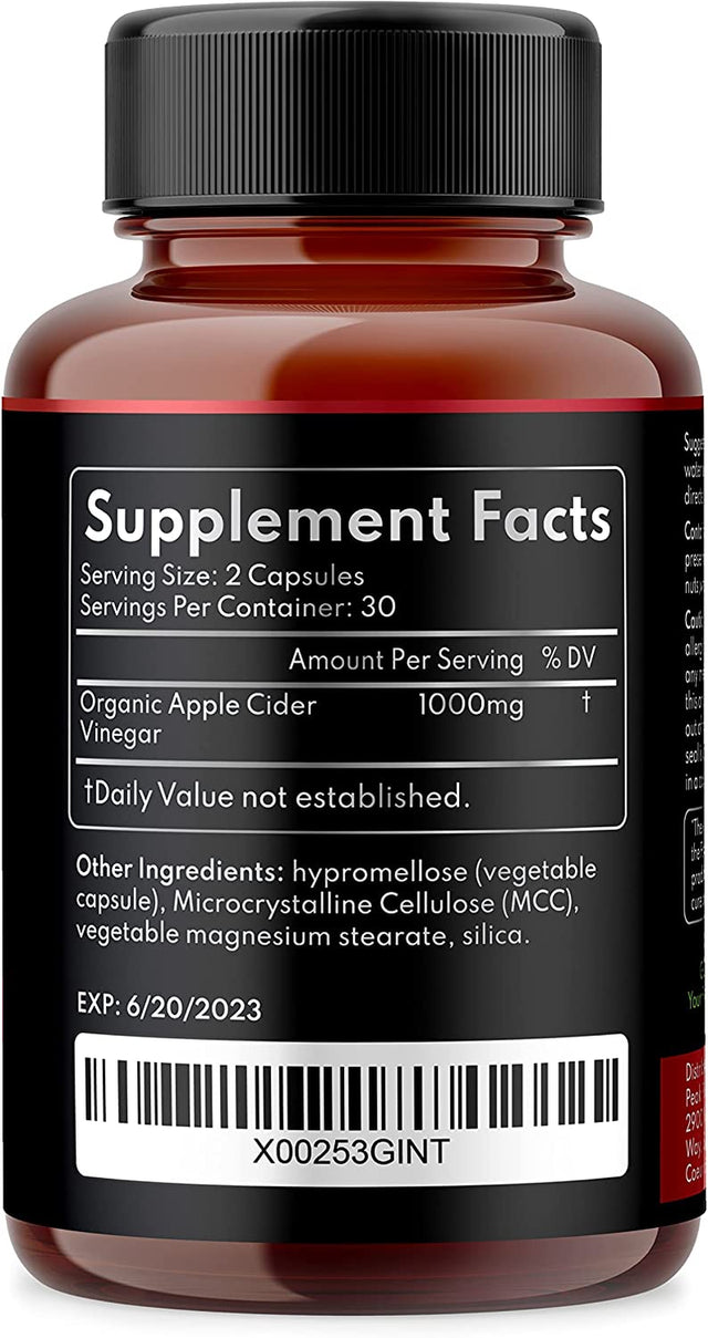 100% Organic Raw Apple Cider Vinegar Capsules - Natural Detox Gut Cleanse & Healthy Digestion - Tasteless & Easy to Swallow - Extra Strength ACV Pills - 1000 Mg