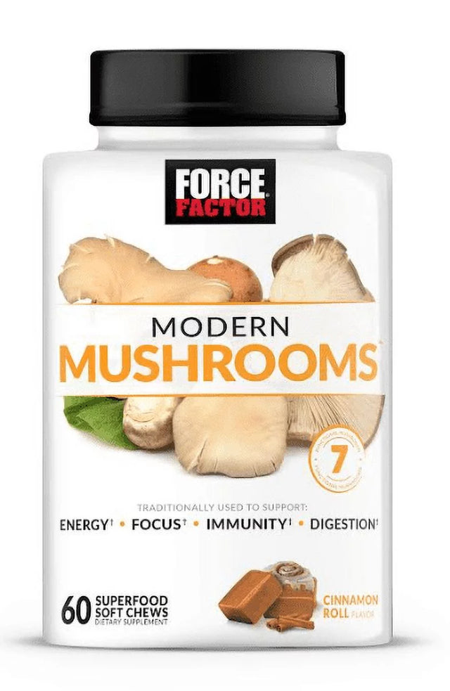 Force Factor Modern Mushrooms Soft Chews, Mushroom Supplement to Support Energy, Focus, Immunity, & Digestion with Cordyceps, Turkey Tail, Chaga, Reishi, & Lion’S Mane, Cinnamon Roll, 60 Soft Chews