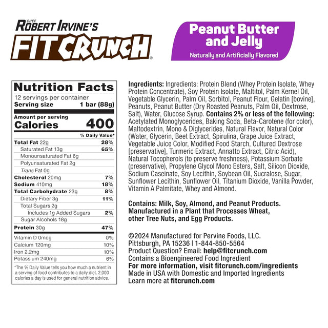 FITCRUNCH Full Size Protein Bars, Designed by Robert Irvine, 6-Layer Baked Bar, 2G of Sugar, Gluten Free & Soft Cake Core (12 Bars, Peanut Butter and Jelly)