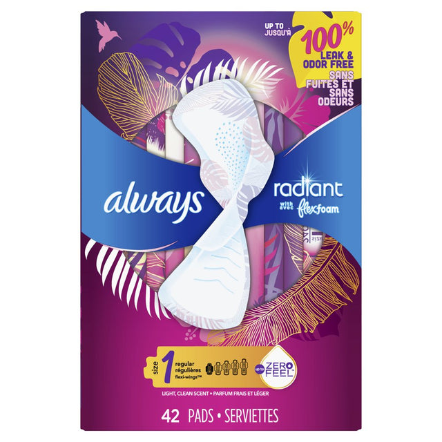 Always Radiant Feminine Pads with Wings, Size 1, Regular Absorbency, Scented, 42 CT