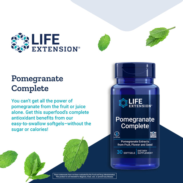Life Extension Pomegranate Complete - Comprehensive Superfood Health Supplement, Supports Cardiovascular Endothelial Health - Gluten-Free, Non-Gmo - 30 Softgels