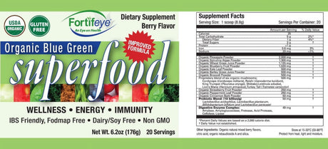 Improved Fortifeye Organic Blue Green Superfood Supplement Powder - Raw, Vegan, Paleo, Gluten Free, Green Superfood Powder - Berry Flavor, 20 Servings per Container