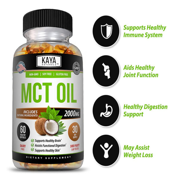 Kaya Naturals 3X 60Ct Pure MCT Oil 2000Mg, C8 C10 Weight Loss, Energy, Inflammation Capsules