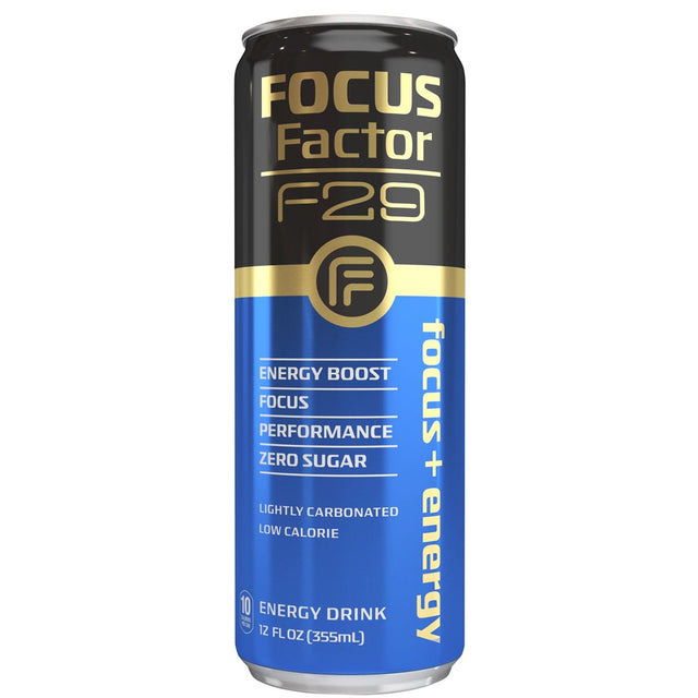 Focus Factor F29 Nootropic Focus + Energy Drink (Blue Razz Flavor) – Sugar Free, Pack of 4 – Lightly Carbonated – 10 Calories per Serving – Nootropic Beverage