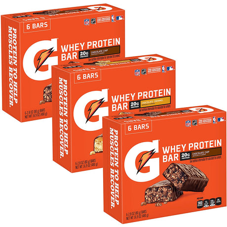 Gatorade Whey Protein Bars, Variety Pack, 2.8 Oz Bars (Pack of 18) & Whey Protein Bars, Chocolate Caramel, 2.8 Oz Bars (Pack of 12, 20G of Protein per Bar)