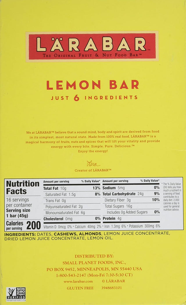 Larabar, Fruit & Nut Bar, Pecan Pie, Gluten Free, Vegan (16 Bars) & Gluten Free Bar, Lemon, Whole Food, Dairy Free Snacks, 1.6 Ounce (Pack of 16)