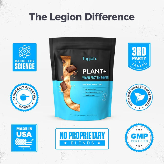 LEGION Plant+ Vegan Protein Powder, Vanilla - Rice and Pea, Plant Based Protein Blend. Gluten Free, GMO Free, Naturally Sweetened and Flavored, 20 Servings, 2 Lbs (Vanilla)