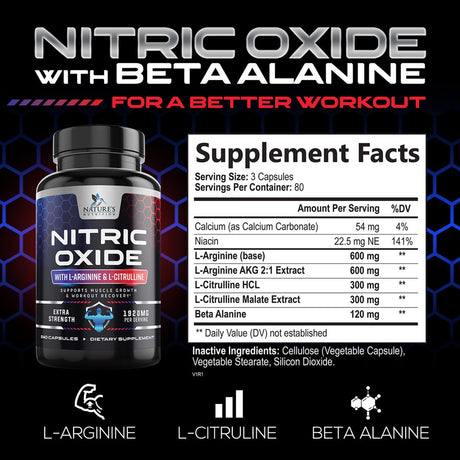 Extra Strength Nitric Oxide Supplement L Arginine 3X Strength - Citrulline Malate, AAKG, Beta Alanine - Premium Muscle Supporting Nitric Oxide Booster for Strength & Energy Supplements - 240 Capsules