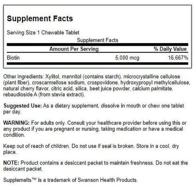 Swanson Supplemelts Biotin - Natural Cherry Flavor 5,000 Mcg 60 Chwbls 2 Pack