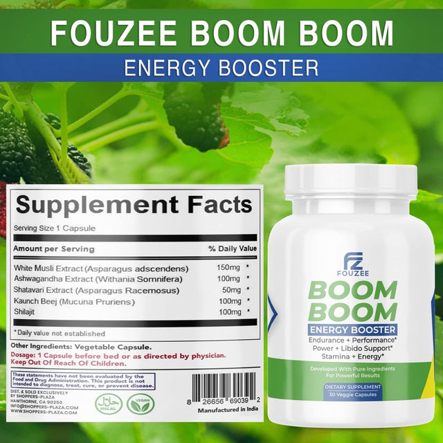FOUZEE Boom Boom Energy Booster for Men/Women Vegan Dietary Supplement- with All Natural Ingredients for Increased Desire, Endurance, Performance, Power, Libido Support, Stamina- 30 Veggie Capsule