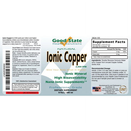 Good State Liquid Ionic Minerals - Copper - (96 Servings at 2Mg Each) (8 Fl Oz)