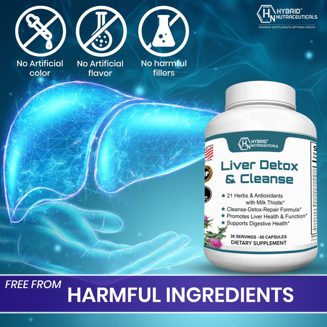 Hybrid Nutraceuticals Liver Cleanse Detox & Repair - Silymarin Milk Thistle, Zinc, Beetroot, Artichoke Extract, Dandelion Root, Grape Seed, - 60 Capsules