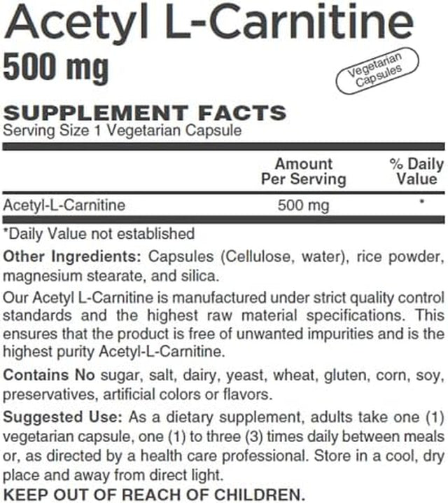 Acetyl L-Carnitine- 500 Mg Vegetarian Capsules ( Sourced from Sigma-Tau Health Sciences ) (90 Veg Caps)