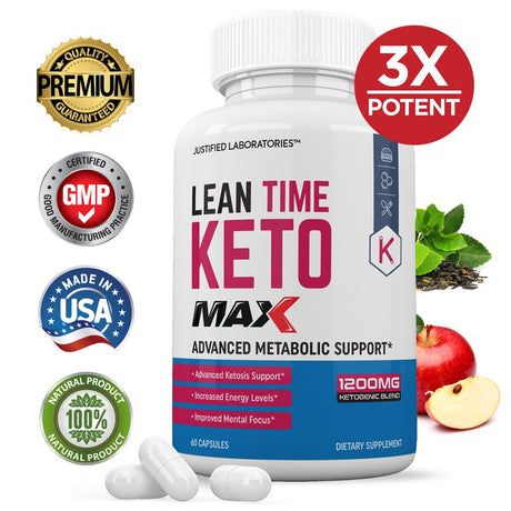Justified Laboratories Lean Time Keto Max 1200MG Pills Includes Apple Cider Vinegar Gobhb 60 Capsules