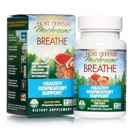Host Defense, Breathe Capsules, Respiratory Support, Mushroom Supplement with Cordyceps, Reishi and Chaga, Unflavored, 30