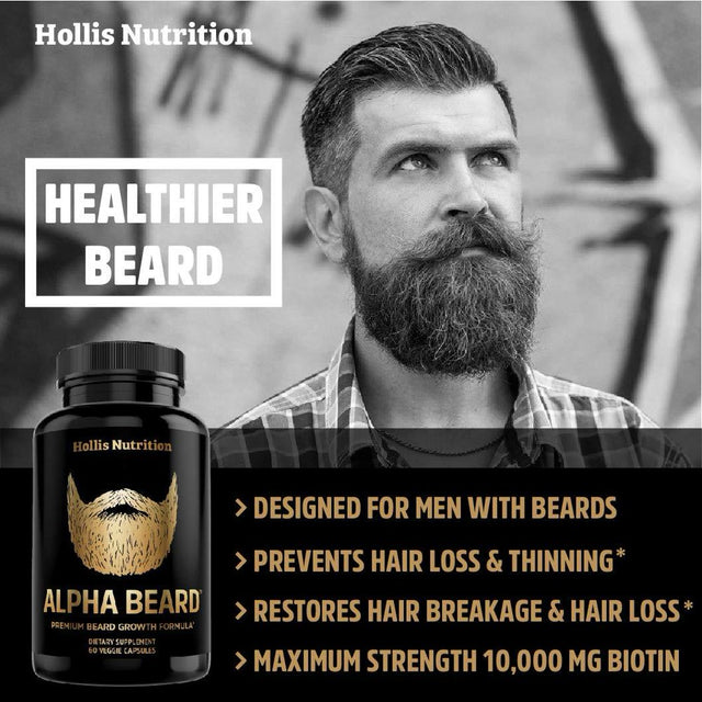 ALPHA BEARD Growth Vitamins | Biotin 10,000Mcg, Patented Optimsm, Gomct, Collagen | Beard and Hair Growth Supplement for Men | Grow Stronger, Thicker, Healthier Facial Hair - 60 Capsules