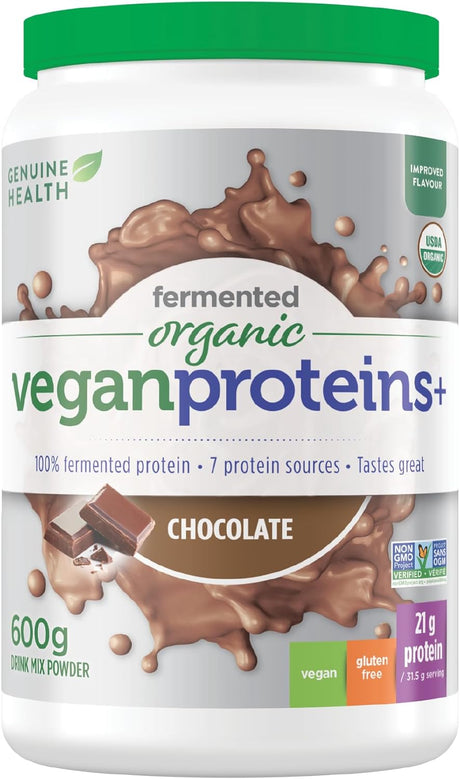 Genuine Health Fermented Organic Vegan Proteins+, Natural Chocolate Protein Powder, 20G Protein, 21.16 Oz Tub, 20 Servings