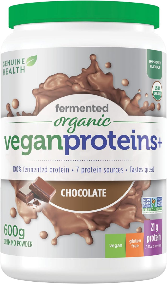 Genuine Health Fermented Organic Vegan Proteins+, Natural Chocolate Protein Powder, 20G Protein, 21.16 Oz Tub, 20 Servings