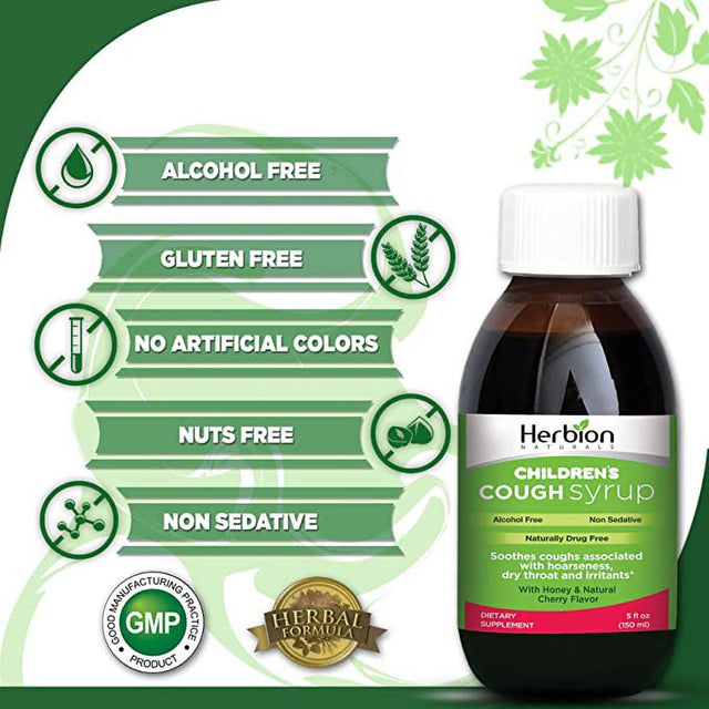 Herbion Naturals Cough Syrup for Children - 5 FL Oz - Good Tasting Supplement with Natural Honey & Cherry Flavor, Helps Relieve Cough, Promotes Healthy Lung Function - for Kids 13 Months and Above.