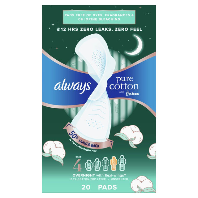 Always Pure Cotton Feminine Pads with Wings, Size 4, Overnight Absorbency, 20 CT